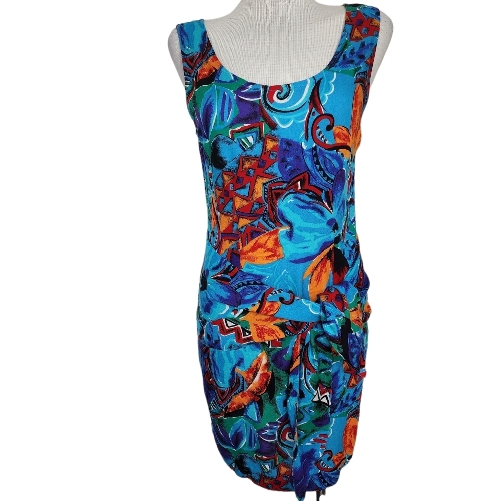 Vintage 90's My Michelle Blue Colorful Waist Wrap Sleeve Less Dress Size 11